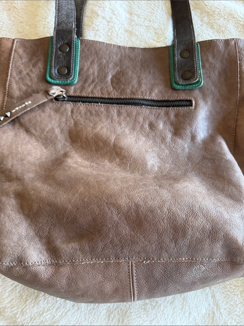BED|STU Brown Leather Tote with Dark Brown Straps and Green Trim - Picture 3 of 7
